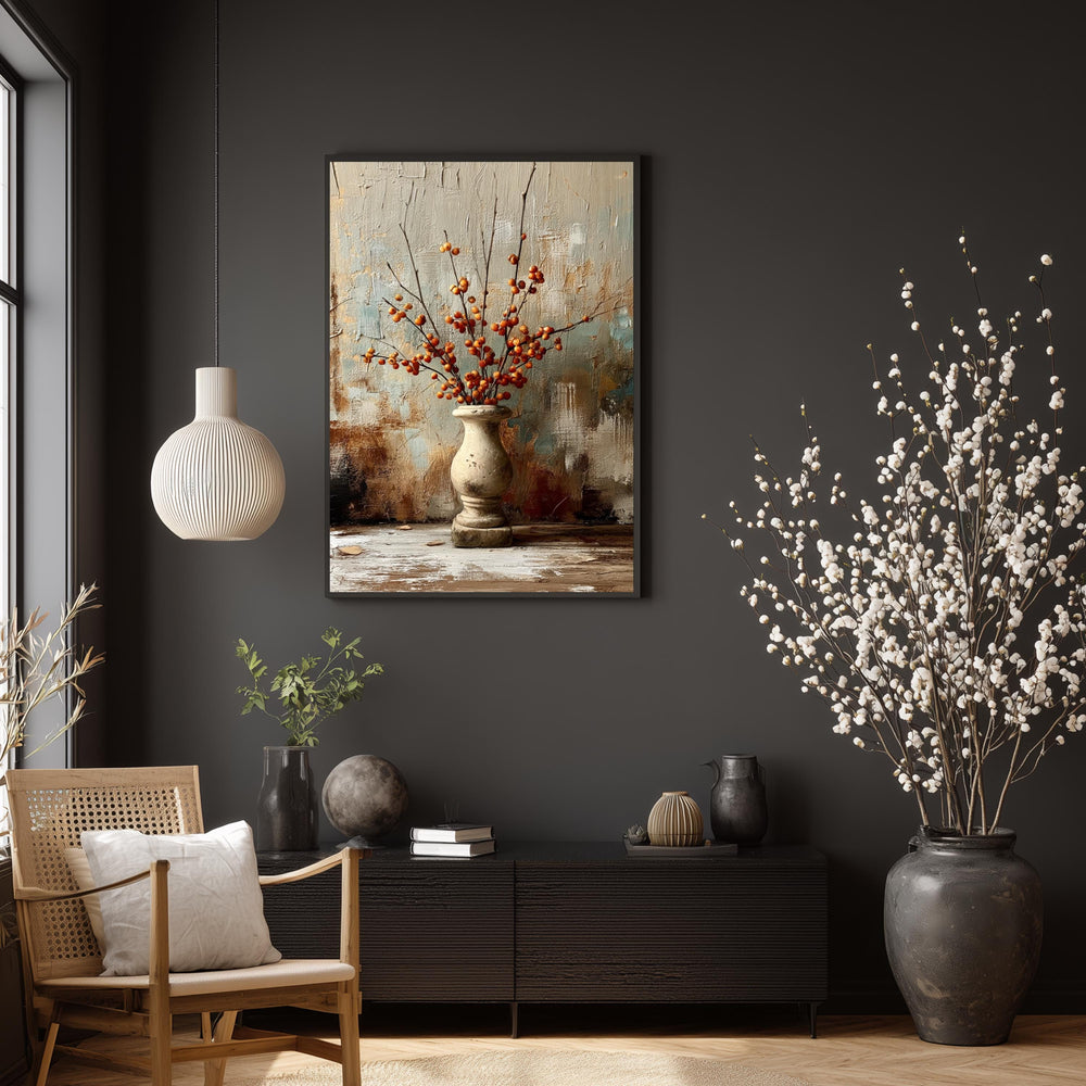 Rustic Vase Wall Art, Berry Branch Still Life Artwork, Farmhouse Decor, Vintage Botanical Print, Neutral Kitchen Framed Canvas