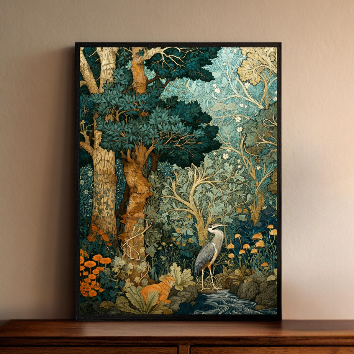 Woodland Heron Wall Art, Botanical Forest Print, Nature Illustration Decor, Vintage Style Bird Artwork, Green Forest Framed Canvas