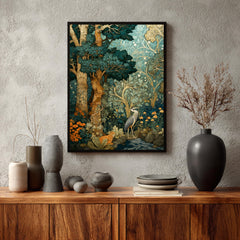 Woodland Heron Wall Art, Botanical Forest Print, Nature Illustration Decor, Vintage Style Bird Artwork, Green Forest Framed Canvas