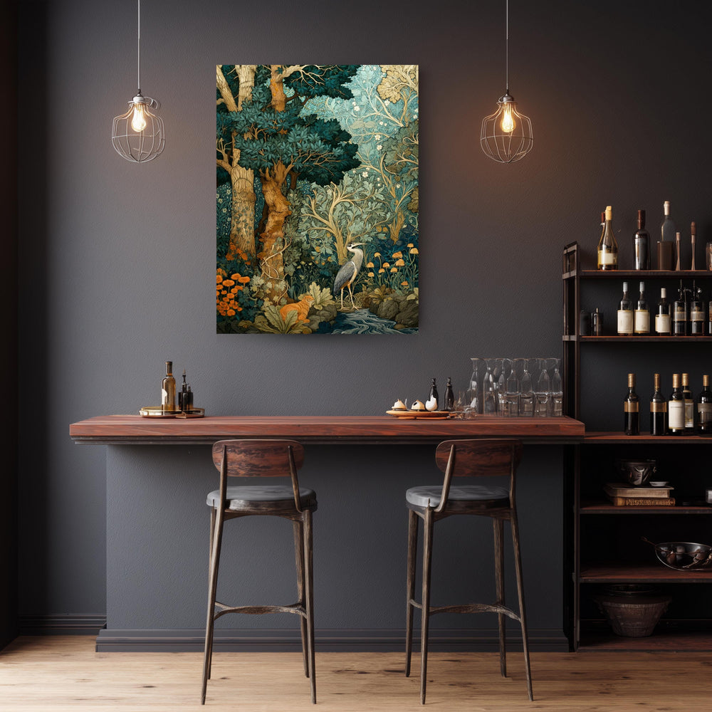 Woodland Heron Wall Art, Botanical Forest Print, Nature Illustration Decor, Vintage Style Bird Artwork, Green Forest Framed Canvas