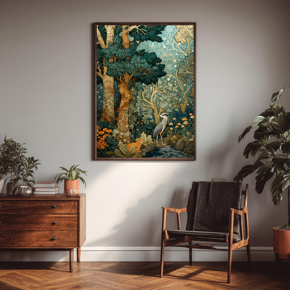 Woodland Heron Wall Art, Botanical Forest Print, Nature Illustration Decor, Vintage Style Bird Artwork, Green Forest Framed Canvas