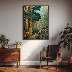 Woodland Heron Wall Art, Botanical Forest Print, Nature Illustration Decor, Vintage Style Bird Artwork, Green Forest Framed Canvas