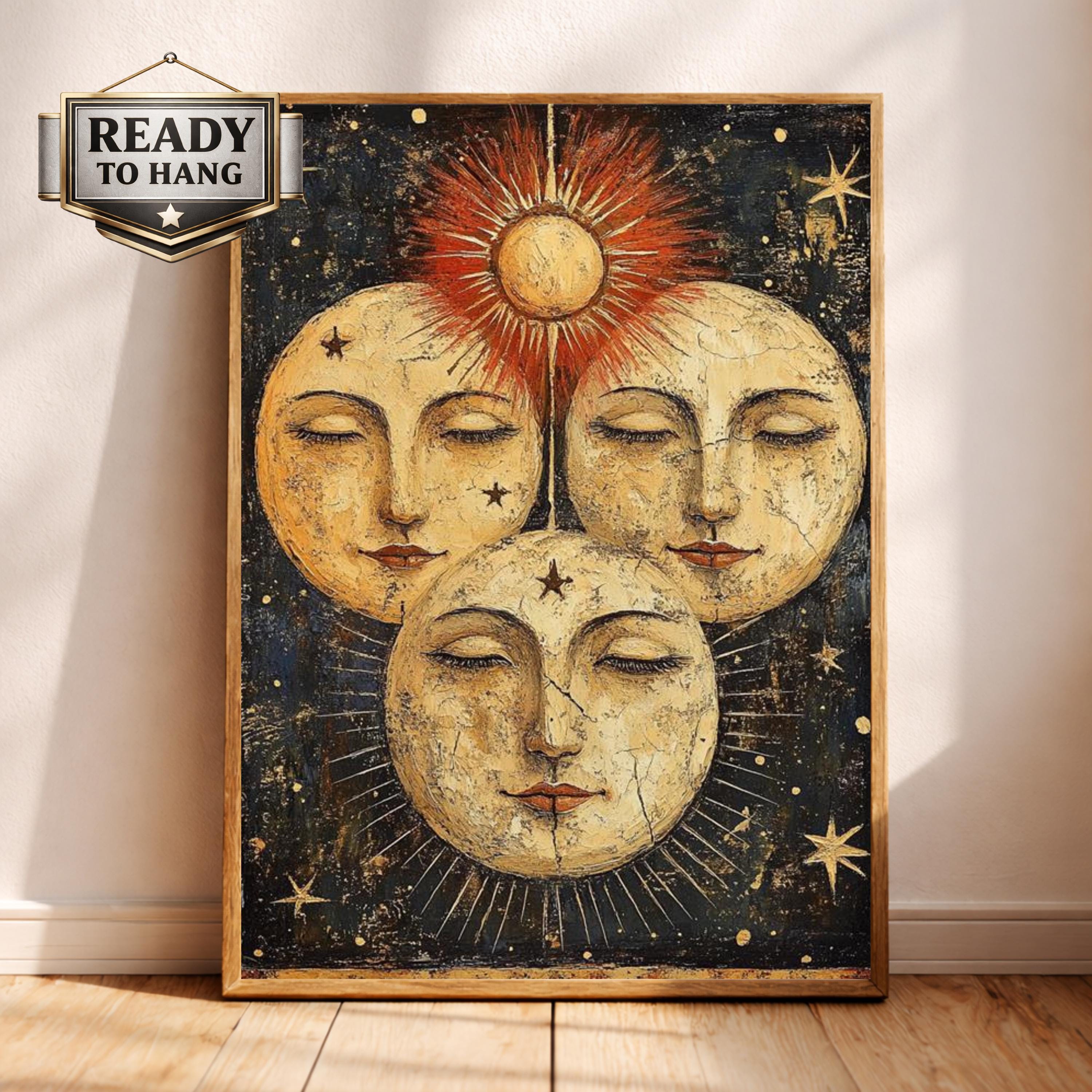 Vintage Sun Moon Wall Art, Celestial Face Canvas, Antique Cosmic Artwork, Mystical Sunburst Print, Boho Spiritual Decor for Living Room