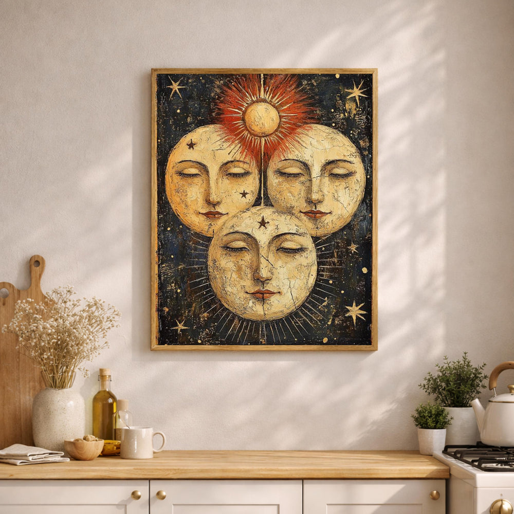 Vintage Sun Moon Wall Art, Celestial Face Canvas, Antique Cosmic Artwork, Mystical Sunburst Print, Boho Spiritual Decor for Living Room