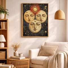 Vintage Sun Moon Wall Art, Celestial Face Canvas, Antique Cosmic Artwork, Mystical Sunburst Print, Boho Spiritual Decor for Living Room