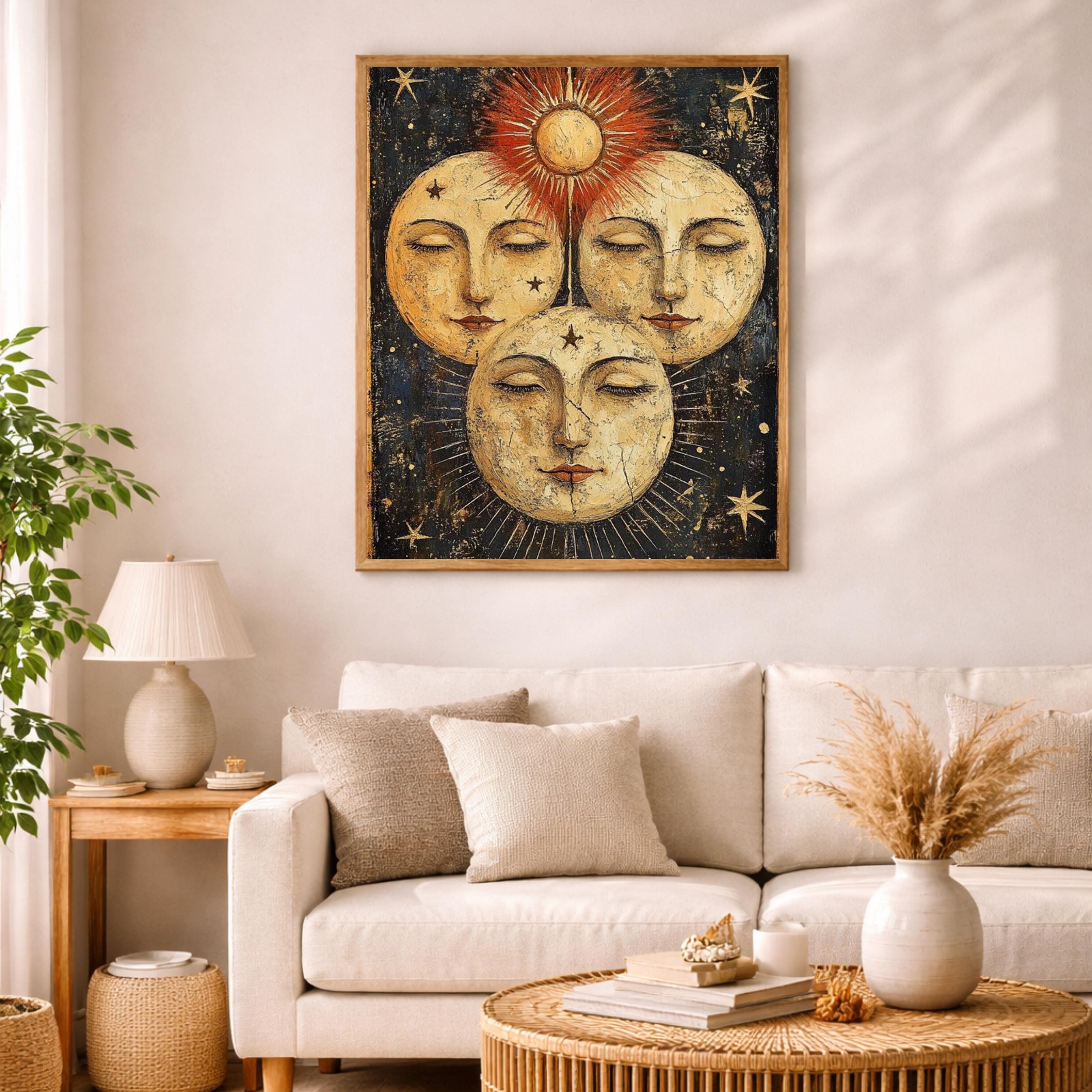 Vintage Sun Moon Wall Art, Celestial Face Canvas, Antique Cosmic Artwork, Mystical Sunburst Print, Boho Spiritual Decor for Living Room