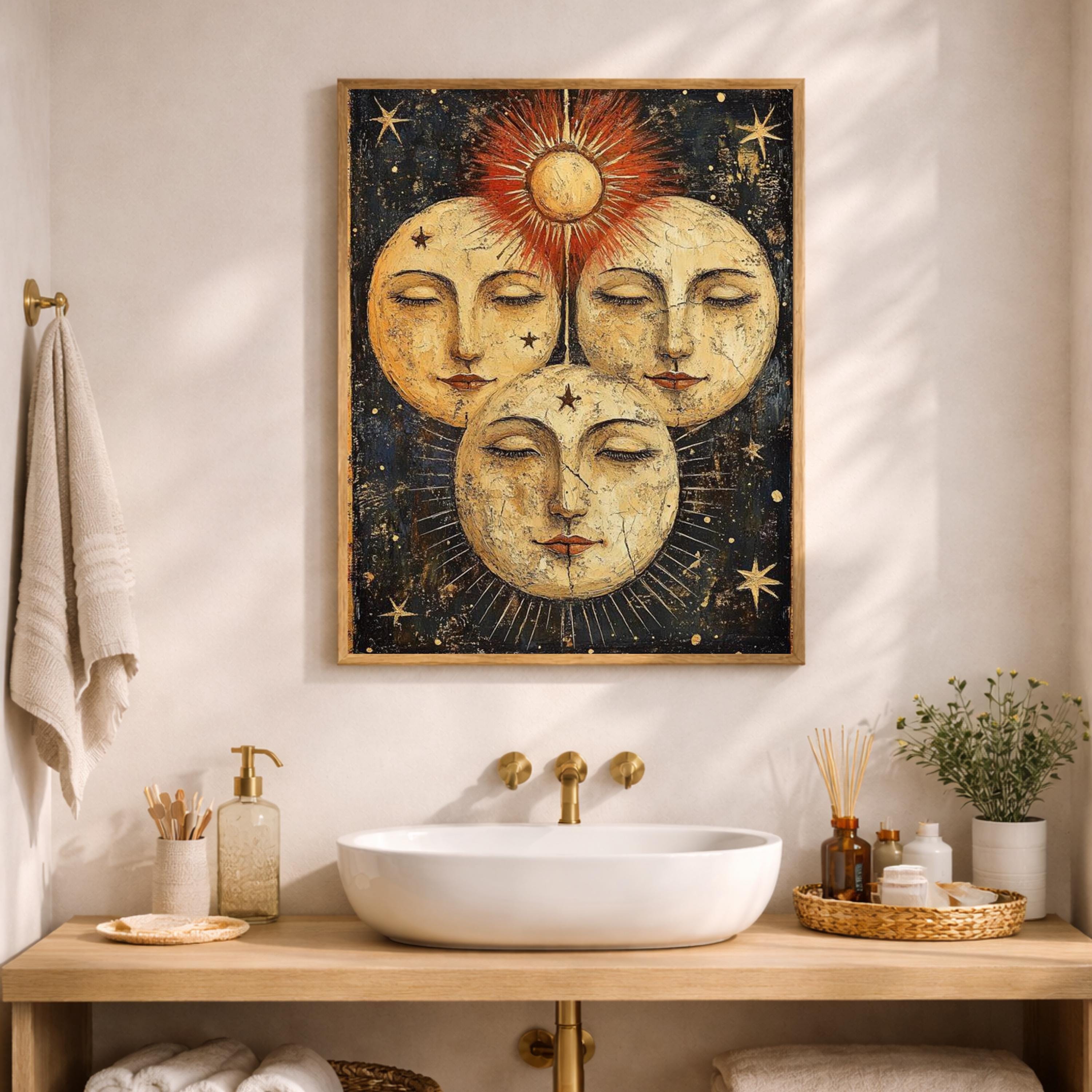 Vintage Sun Moon Wall Art, Celestial Face Canvas, Antique Cosmic Artwork, Mystical Sunburst Print, Boho Spiritual Decor for Living Room