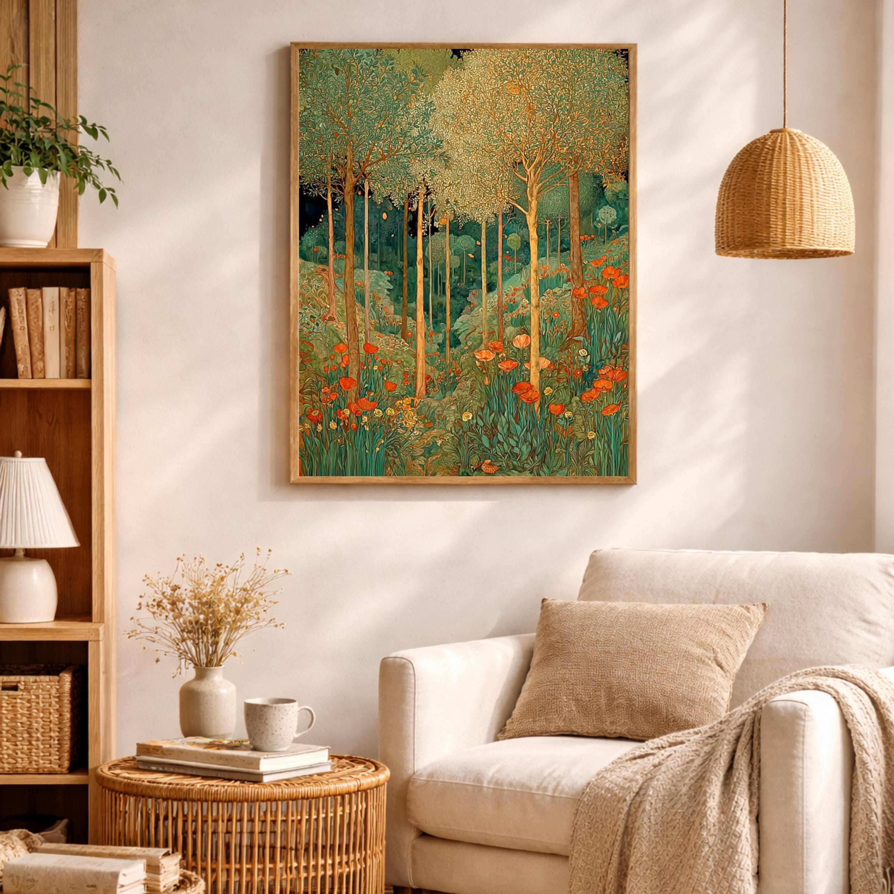 Vintage Forest Wall Art, William Morris Style Canvas, Botanical Woodland Print, Rustic Nature Artwork, Cottagecore Decor for Living Room