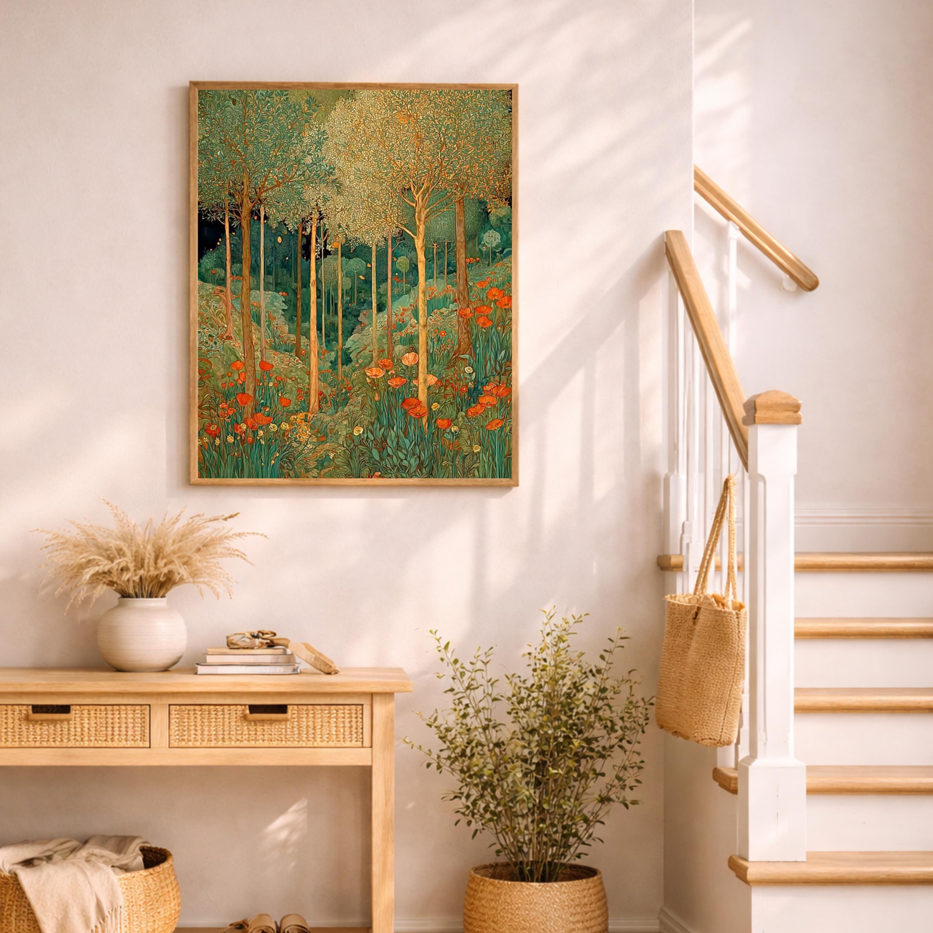 Vintage Forest Wall Art, William Morris Style Canvas, Botanical Woodland Print, Rustic Nature Artwork, Cottagecore Decor for Living Room