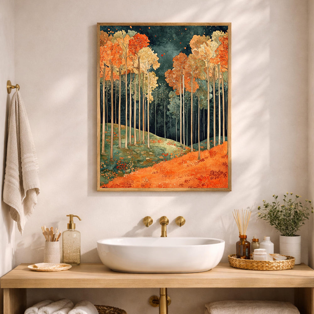 Autumn Forest Wall Art, Rustic Landscape Print, Vintage Woodland Scene Canvas, Fall Nature Artwork, Cozy Cottage Decor for Living Room