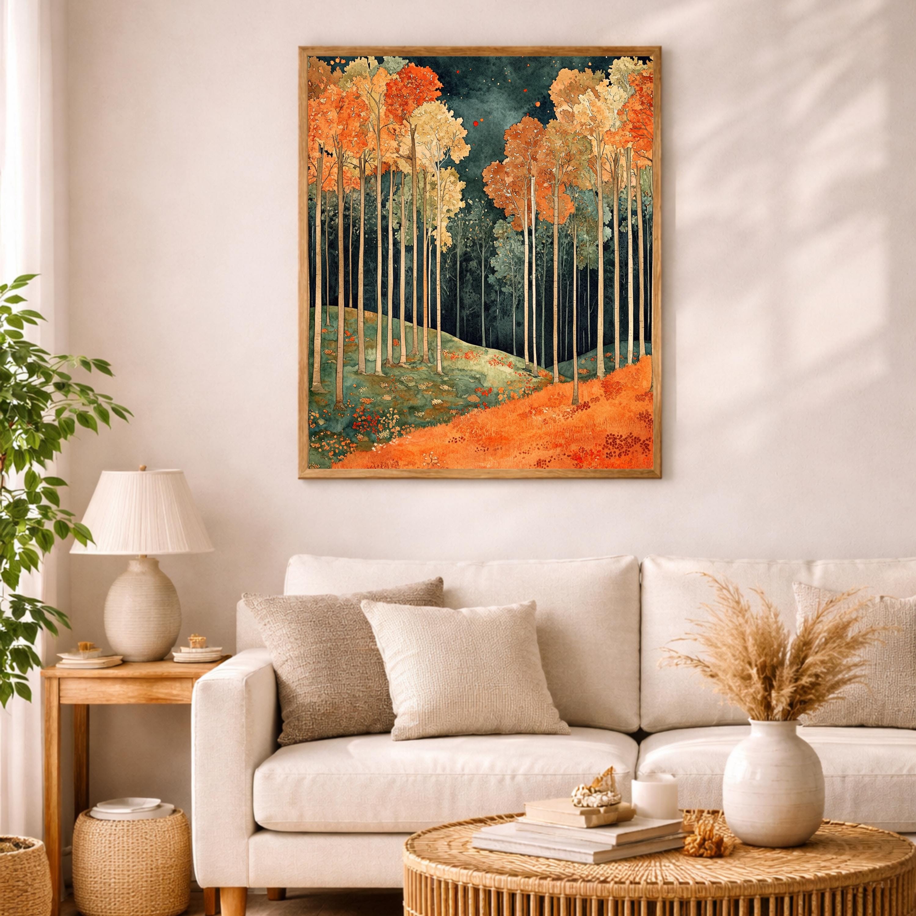 Autumn Forest Wall Art, Rustic Landscape Print, Vintage Woodland Scene Canvas, Fall Nature Artwork, Cozy Cottage Decor for Living Room
