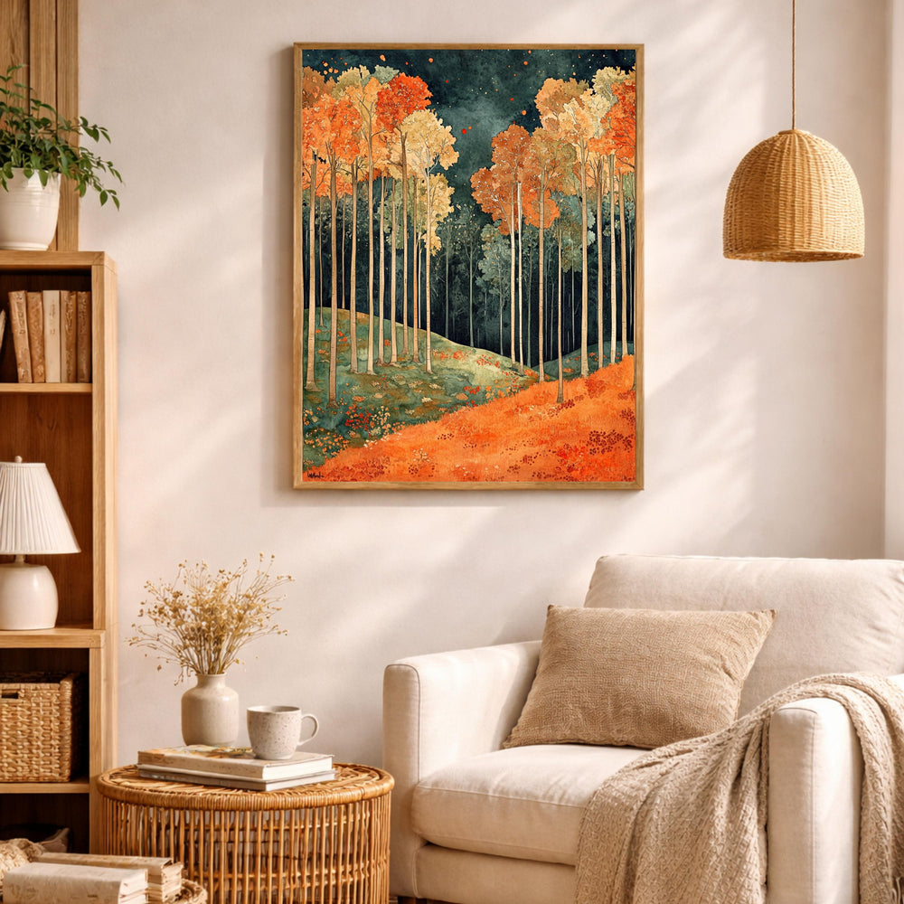 Autumn Forest Wall Art, Rustic Landscape Print, Vintage Woodland Scene Canvas, Fall Nature Artwork, Cozy Cottage Decor for Living Room