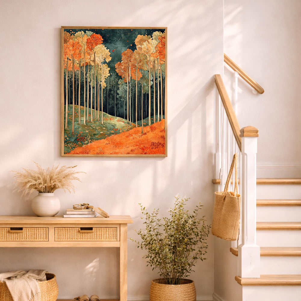 Autumn Forest Wall Art, Rustic Landscape Print, Vintage Woodland Scene Canvas, Fall Nature Artwork, Cozy Cottage Decor for Living Room