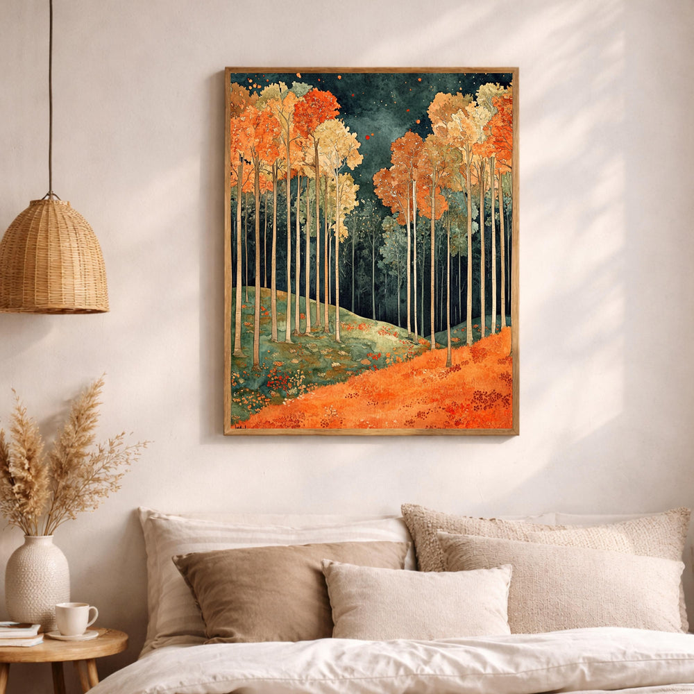 Autumn Forest Wall Art, Rustic Landscape Print, Vintage Woodland Scene Canvas, Fall Nature Artwork, Cozy Cottage Decor for Living Room