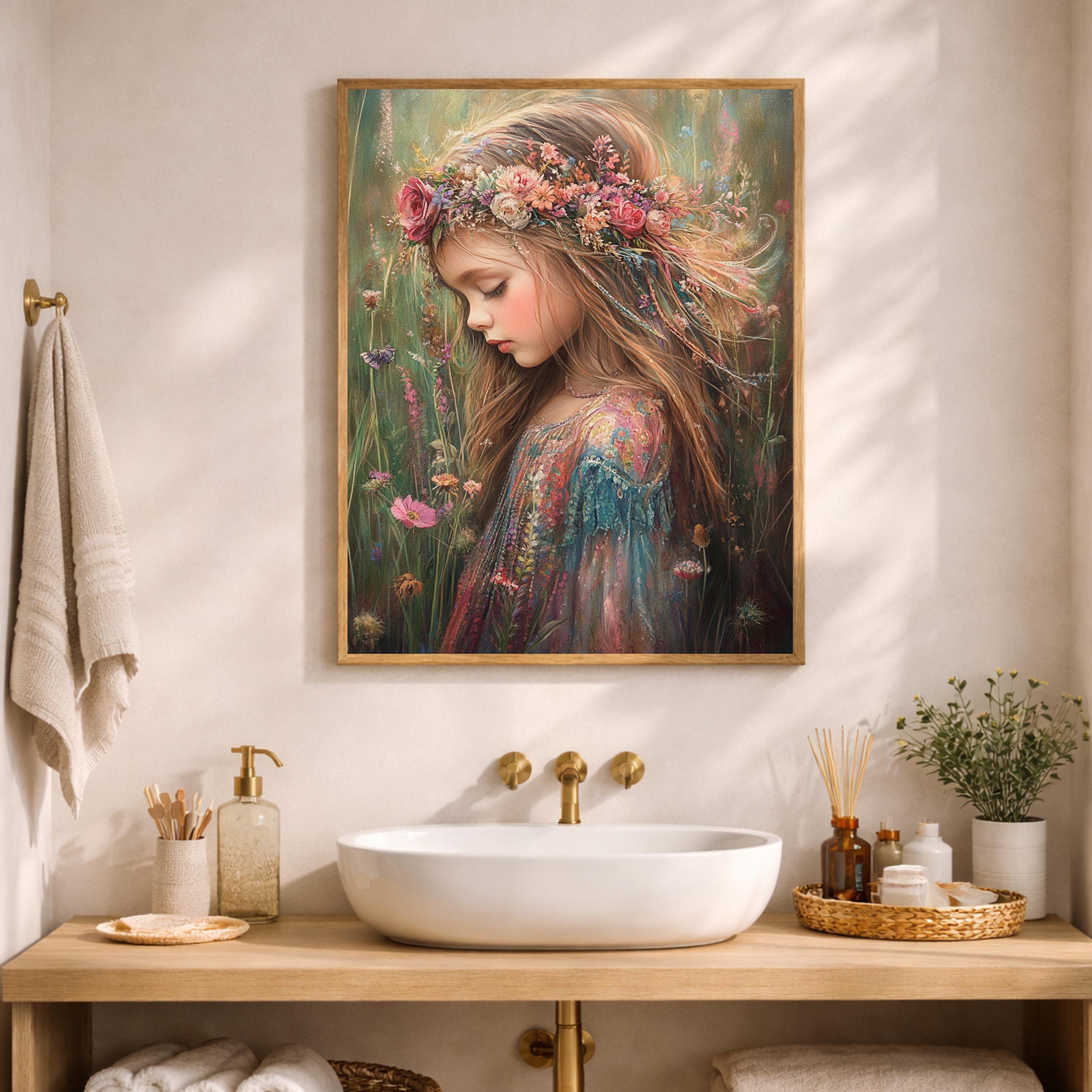 Vintage Girl Portrait Wall Art, Floral Crown Canvas, Whimsical Cottagecore Artwork, Soft Feminine Decor, Dreamy Child Print for Nursery