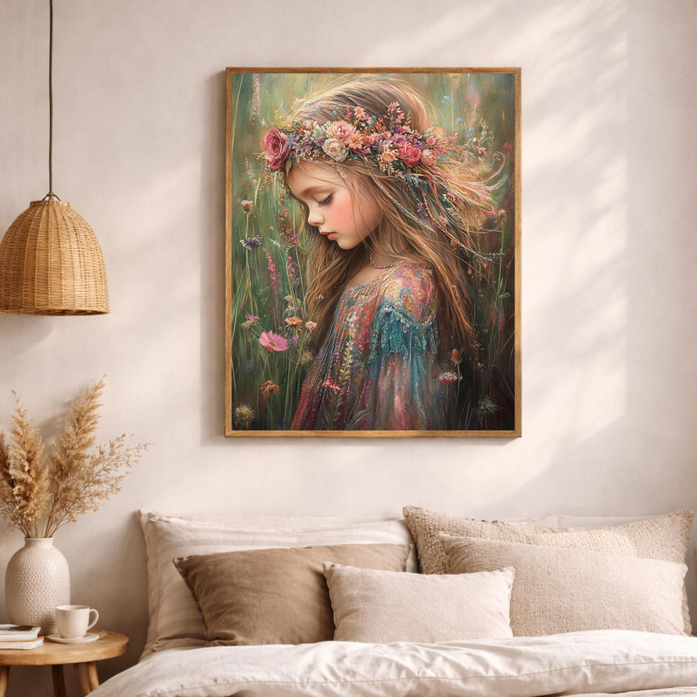 Vintage Girl Portrait Wall Art, Floral Crown Canvas, Whimsical Cottagecore Artwork, Soft Feminine Decor, Dreamy Child Print for Nursery