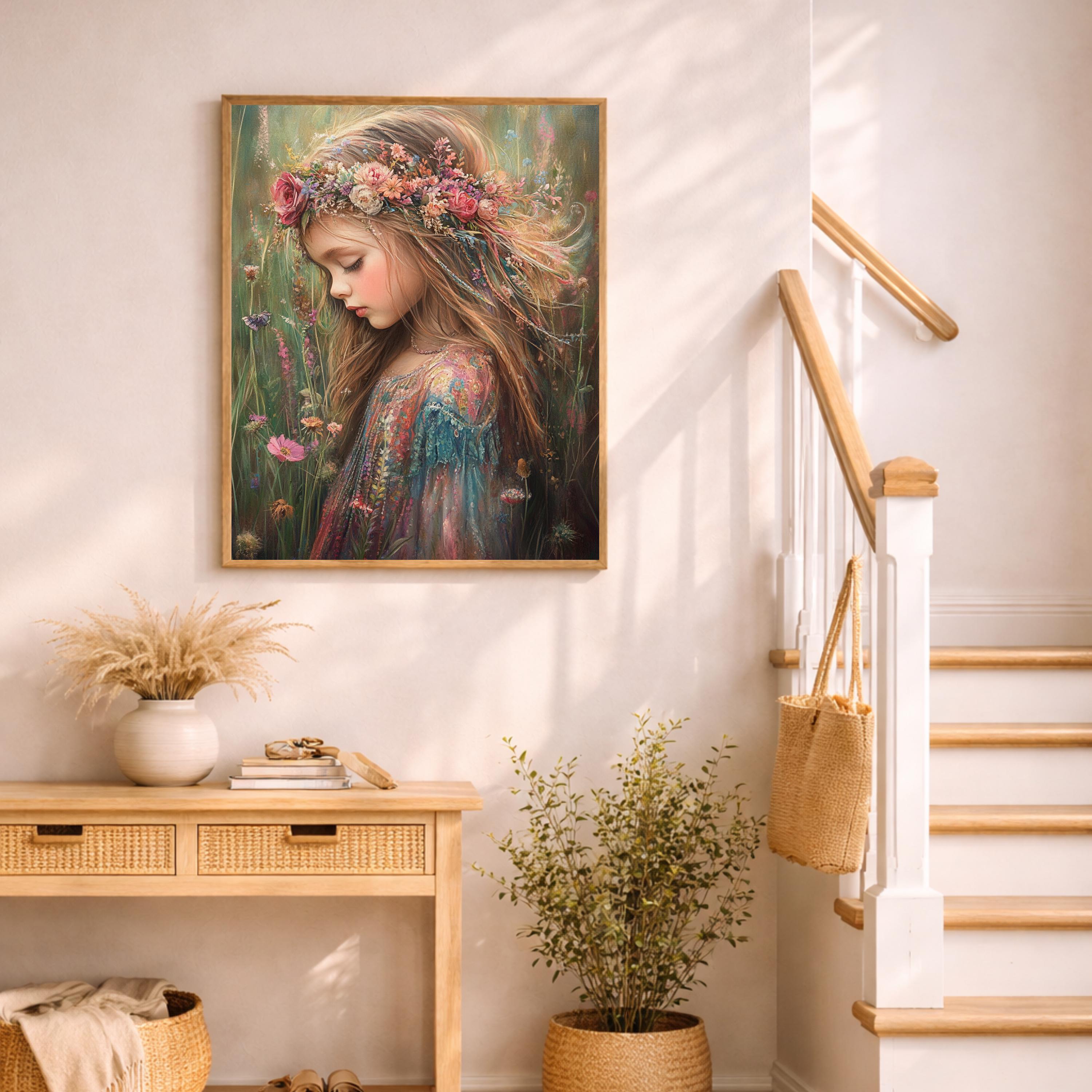 Vintage Girl Portrait Wall Art, Floral Crown Canvas, Whimsical Cottagecore Artwork, Soft Feminine Decor, Dreamy Child Print for Nursery