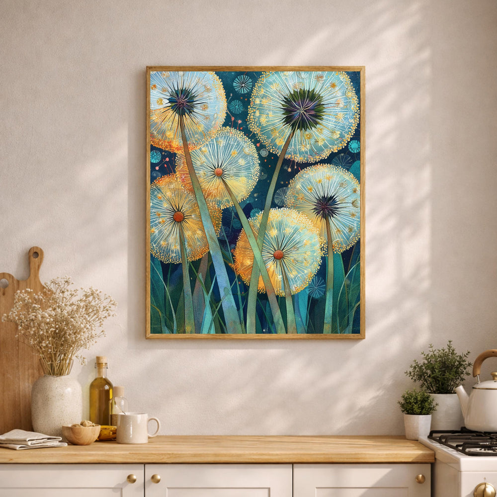 Dandelion Wall Art, Whimsical Botanical Framed Canvas, Dreamy Nature Artwork, Colorful Floral Decor, Cottagecore Garden Print for Bedroom