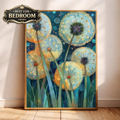Dandelion Wall Art, Whimsical Botanical Framed Canvas, Dreamy Nature Artwork, Colorful Floral Decor, Cottagecore Garden Print for Bedroom