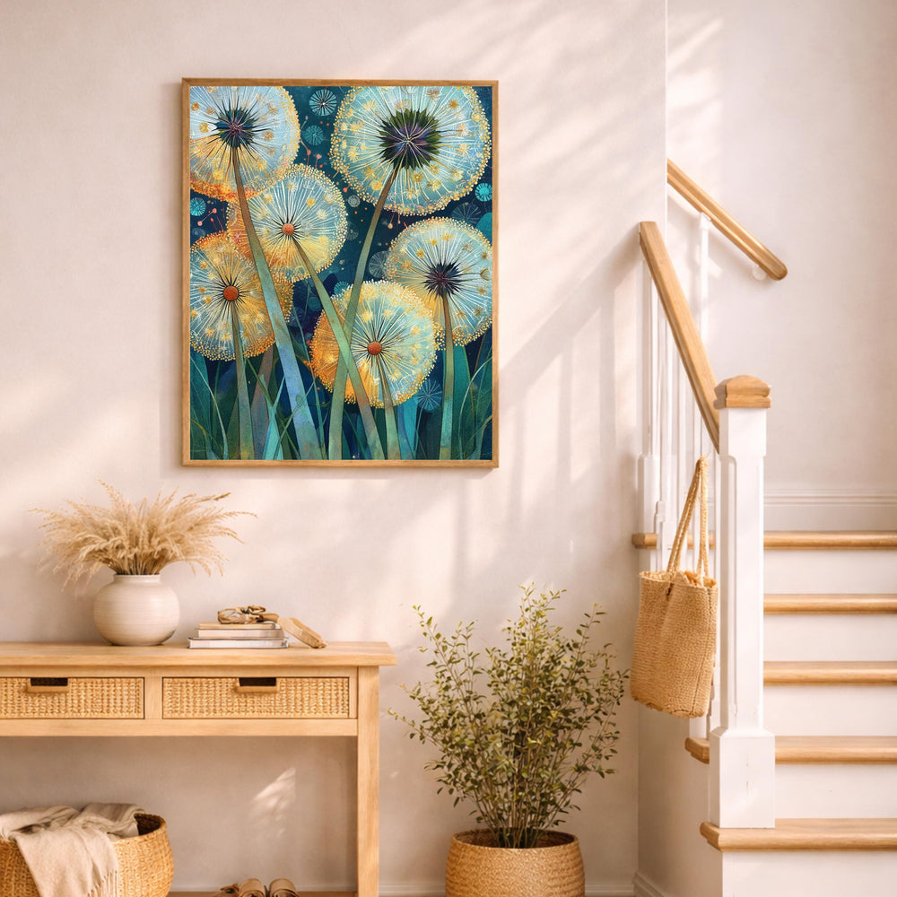 Dandelion Wall Art, Whimsical Botanical Framed Canvas, Dreamy Nature Artwork, Colorful Floral Decor, Cottagecore Garden Print for Bedroom