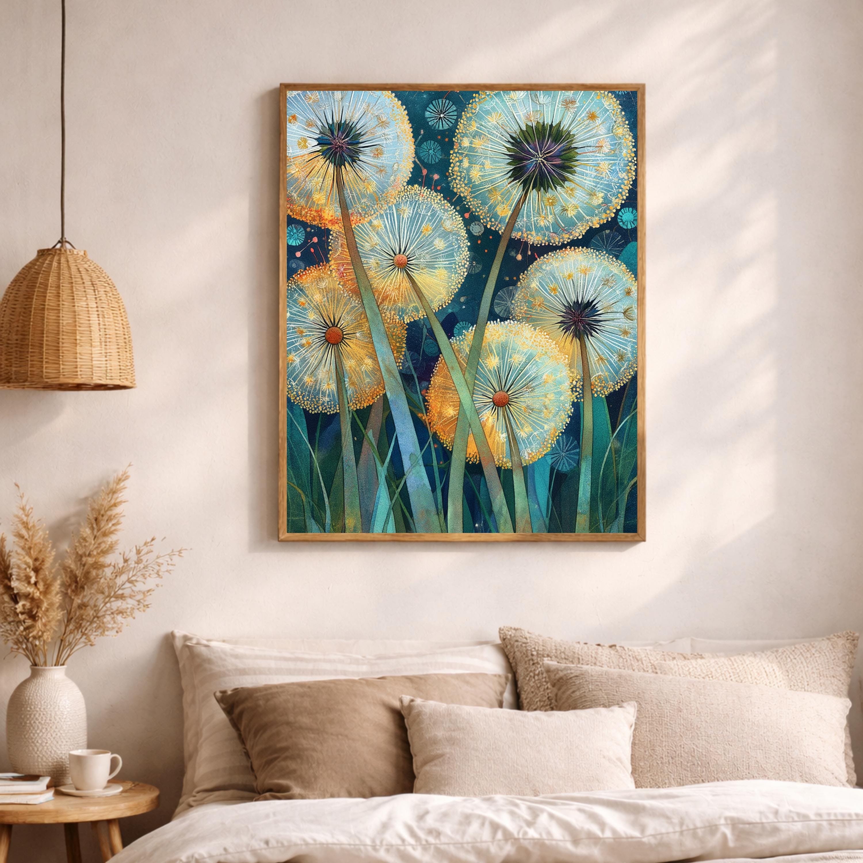 Dandelion Wall Art, Whimsical Botanical Framed Canvas, Dreamy Nature Artwork, Colorful Floral Decor, Cottagecore Garden Print for Bedroom