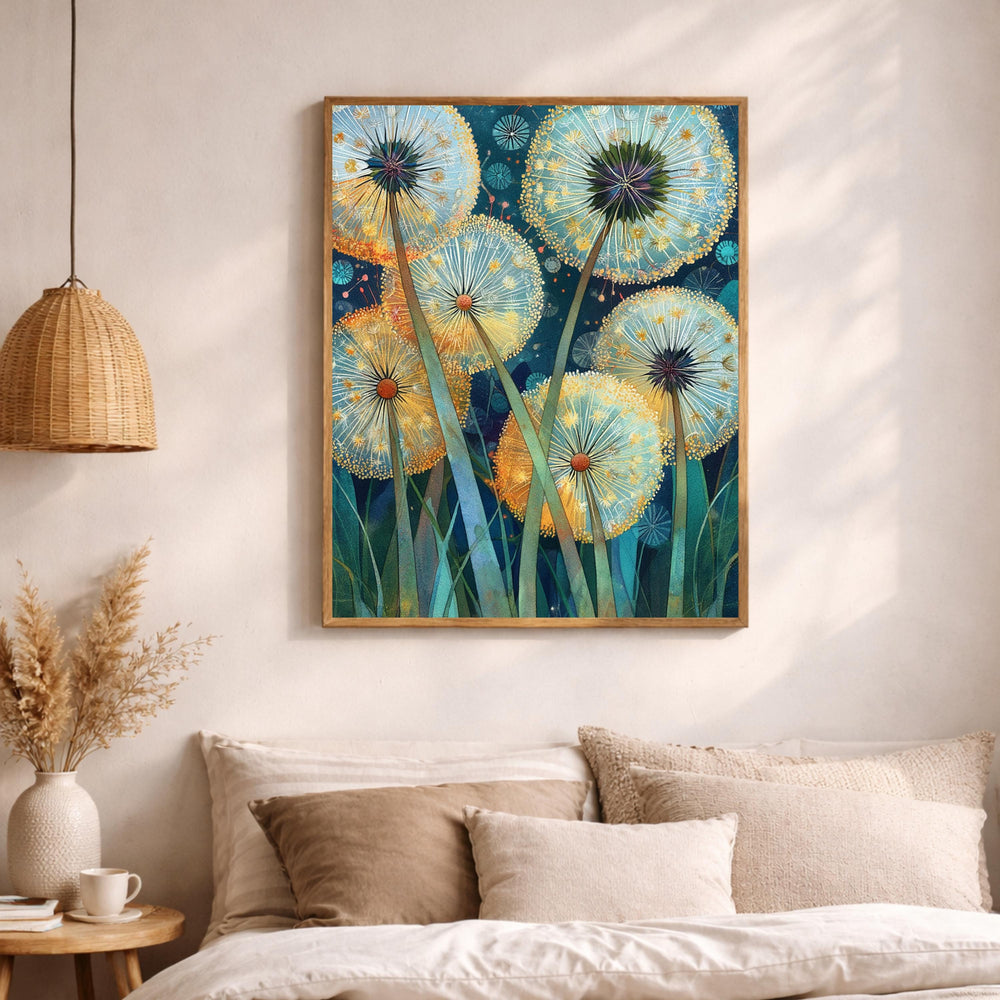 Dandelion Wall Art, Whimsical Botanical Framed Canvas, Dreamy Nature Artwork, Colorful Floral Decor, Cottagecore Garden Print for Bedroom