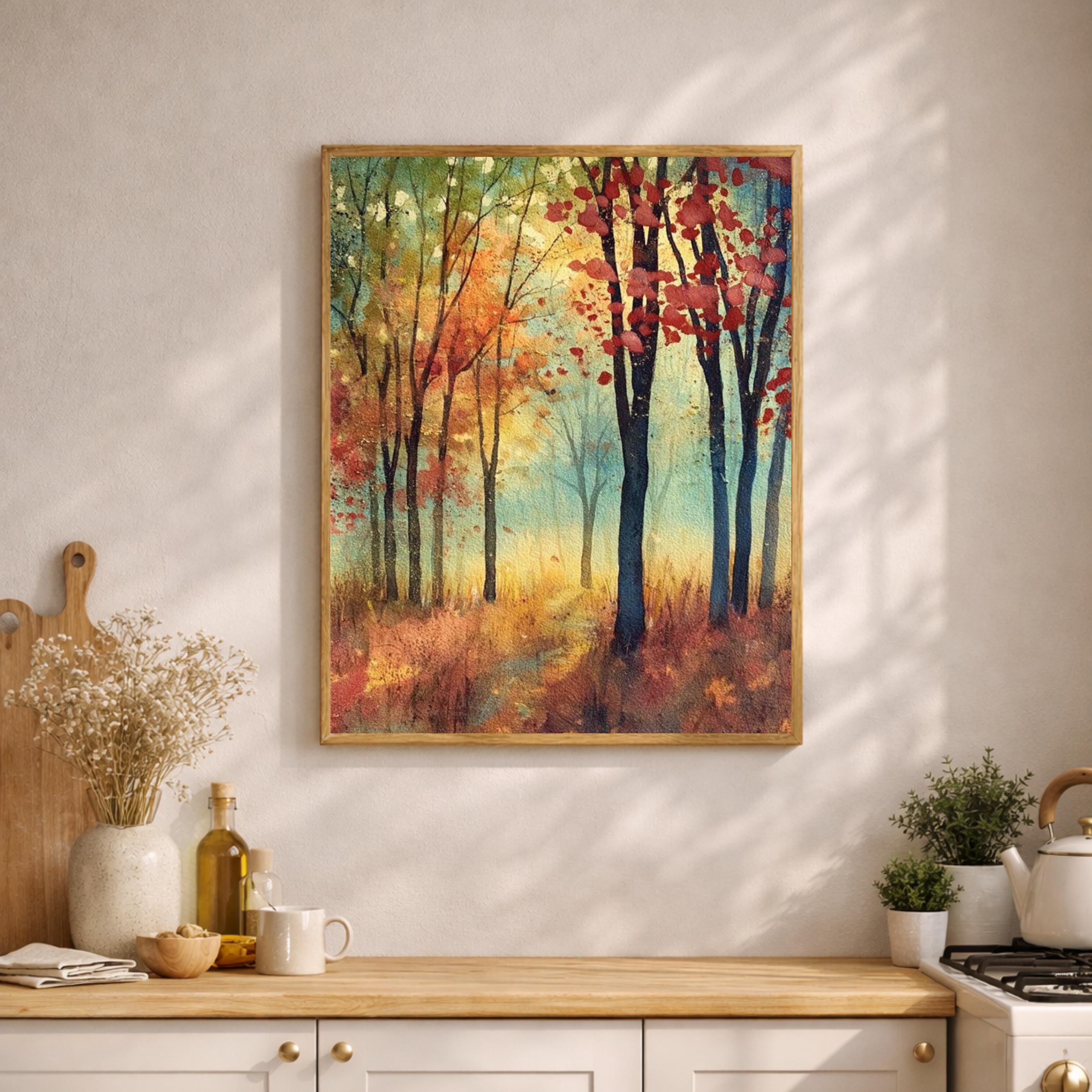 Autumn Forest Path Wall Art, Rustic Woodland Canvas Print, Fall Landscape Artwork, Vintage Nature Scene, Cozy Cottage Decor for Bedroom
