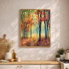 Autumn Forest Path Wall Art, Rustic Woodland Canvas Print, Fall Landscape Artwork, Vintage Nature Scene, Cozy Cottage Decor for Bedroom