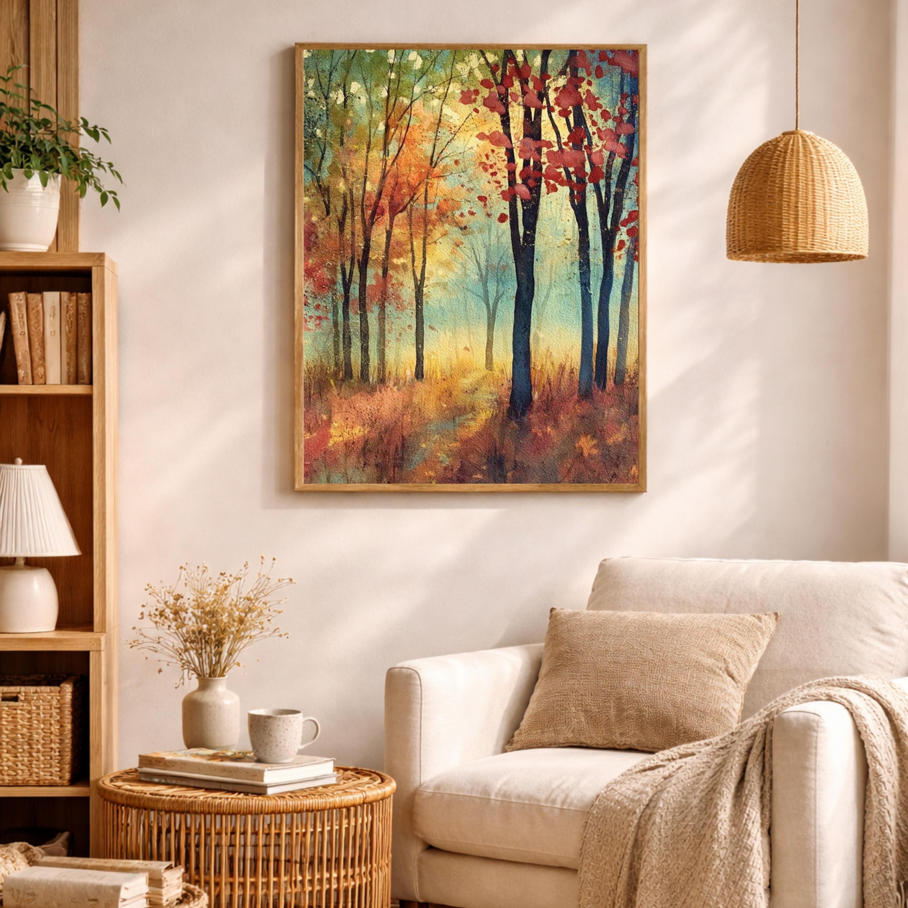 Autumn Forest Path Wall Art, Rustic Woodland Canvas Print, Fall Landscape Artwork, Vintage Nature Scene, Cozy Cottage Decor for Bedroom