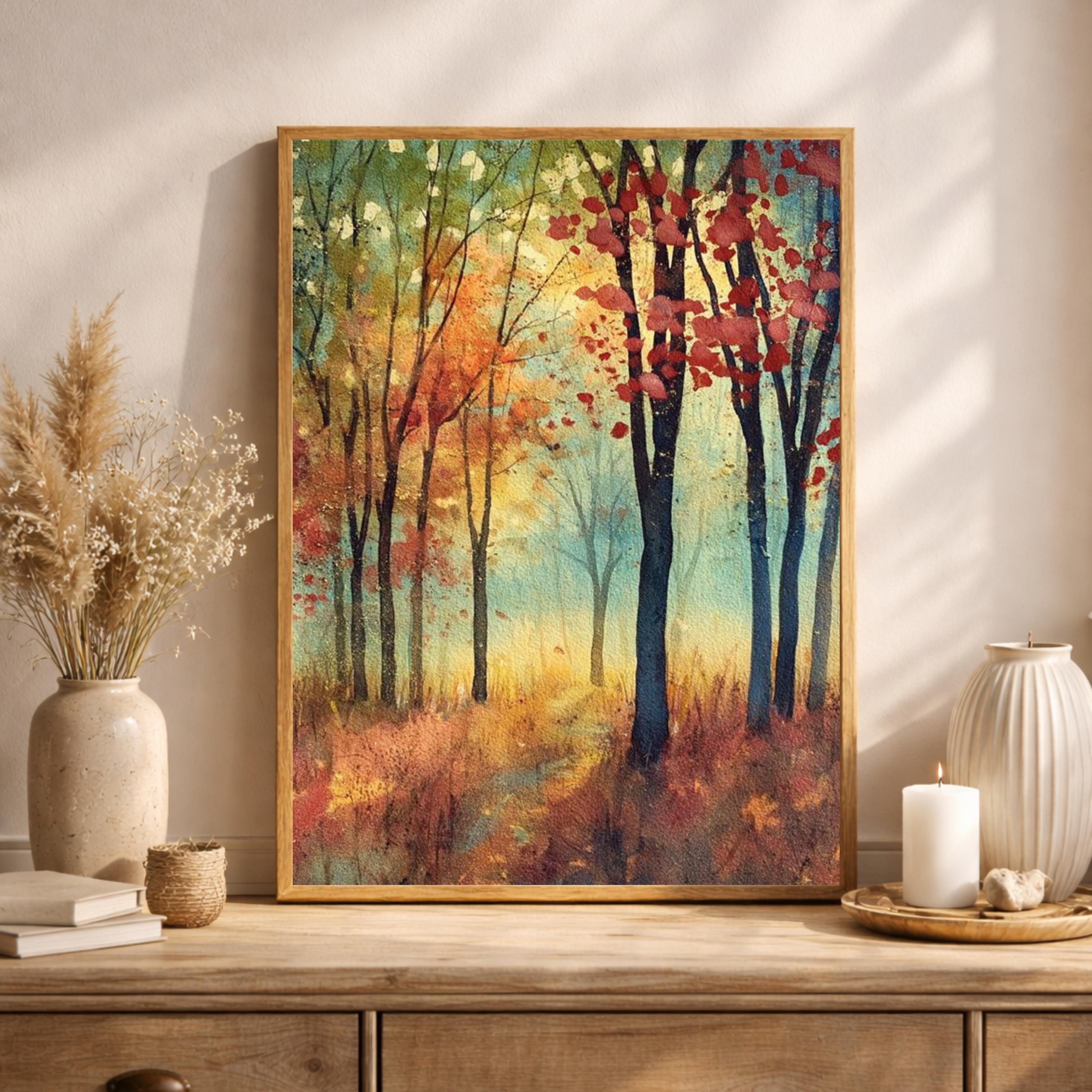 Autumn Forest Path Wall Art, Rustic Woodland Canvas Print, Fall Landscape Artwork, Vintage Nature Scene, Cozy Cottage Decor for Bedroom