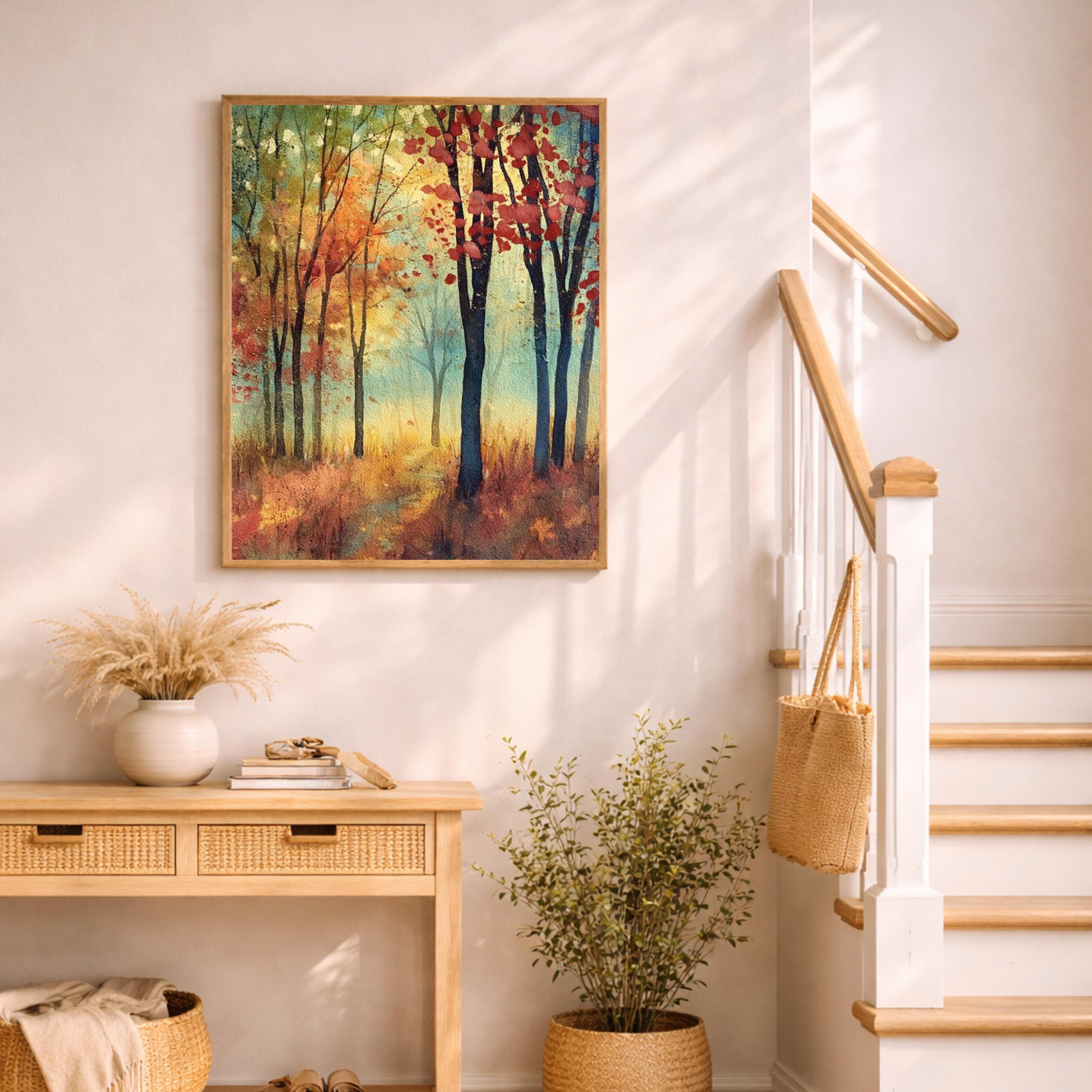 Autumn Forest Path Wall Art, Rustic Woodland Canvas Print, Fall Landscape Artwork, Vintage Nature Scene, Cozy Cottage Decor for Bedroom
