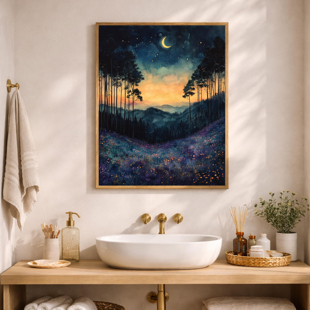 Twilight Meadow Wall Art, Moonlit Landscape Canvas, Dreamy Night Field Artwork, Starry Sky Nature Decor, Whimsical Print for Living Room