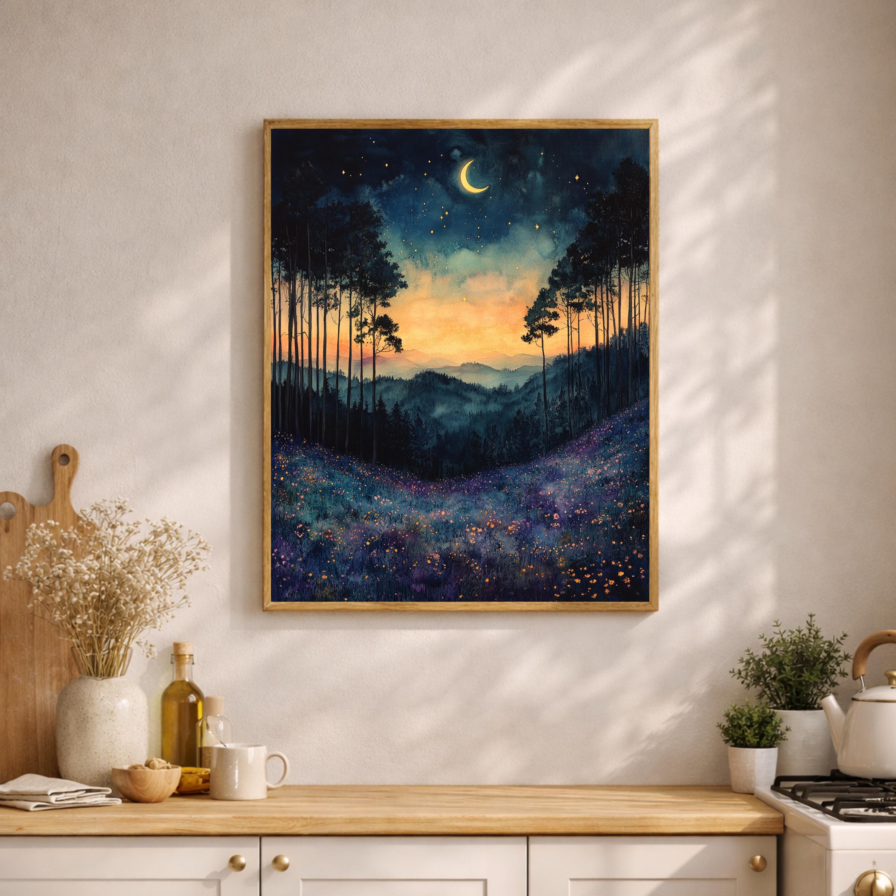 Twilight Meadow Wall Art, Moonlit Landscape Canvas, Dreamy Night Field Artwork, Starry Sky Nature Decor, Whimsical Print for Living Room