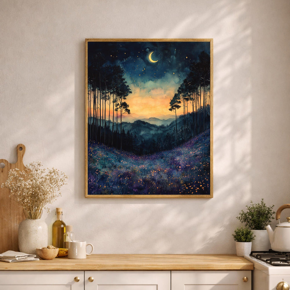 Twilight Meadow Wall Art, Moonlit Landscape Canvas, Dreamy Night Field Artwork, Starry Sky Nature Decor, Whimsical Print for Living Room