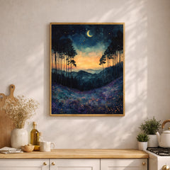 Twilight Meadow Wall Art, Moonlit Landscape Canvas, Dreamy Night Field Artwork, Starry Sky Nature Decor, Whimsical Print for Living Room