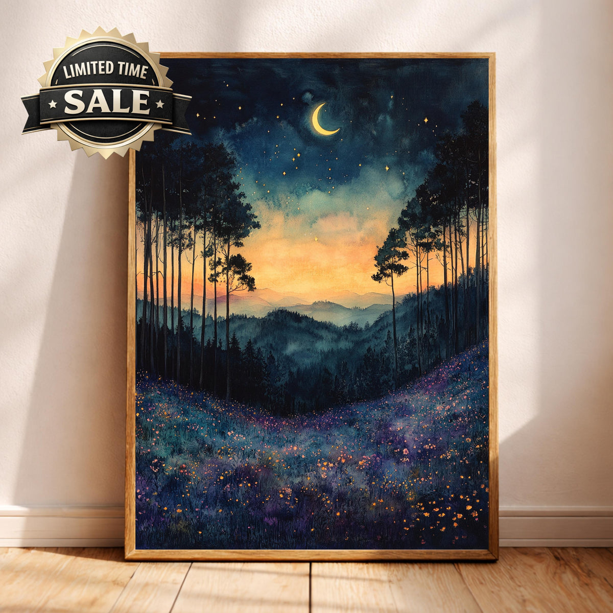 Twilight Meadow Wall Art, Moonlit Landscape Canvas, Dreamy Night Field Artwork, Starry Sky Nature Decor, Whimsical Print for Living Room