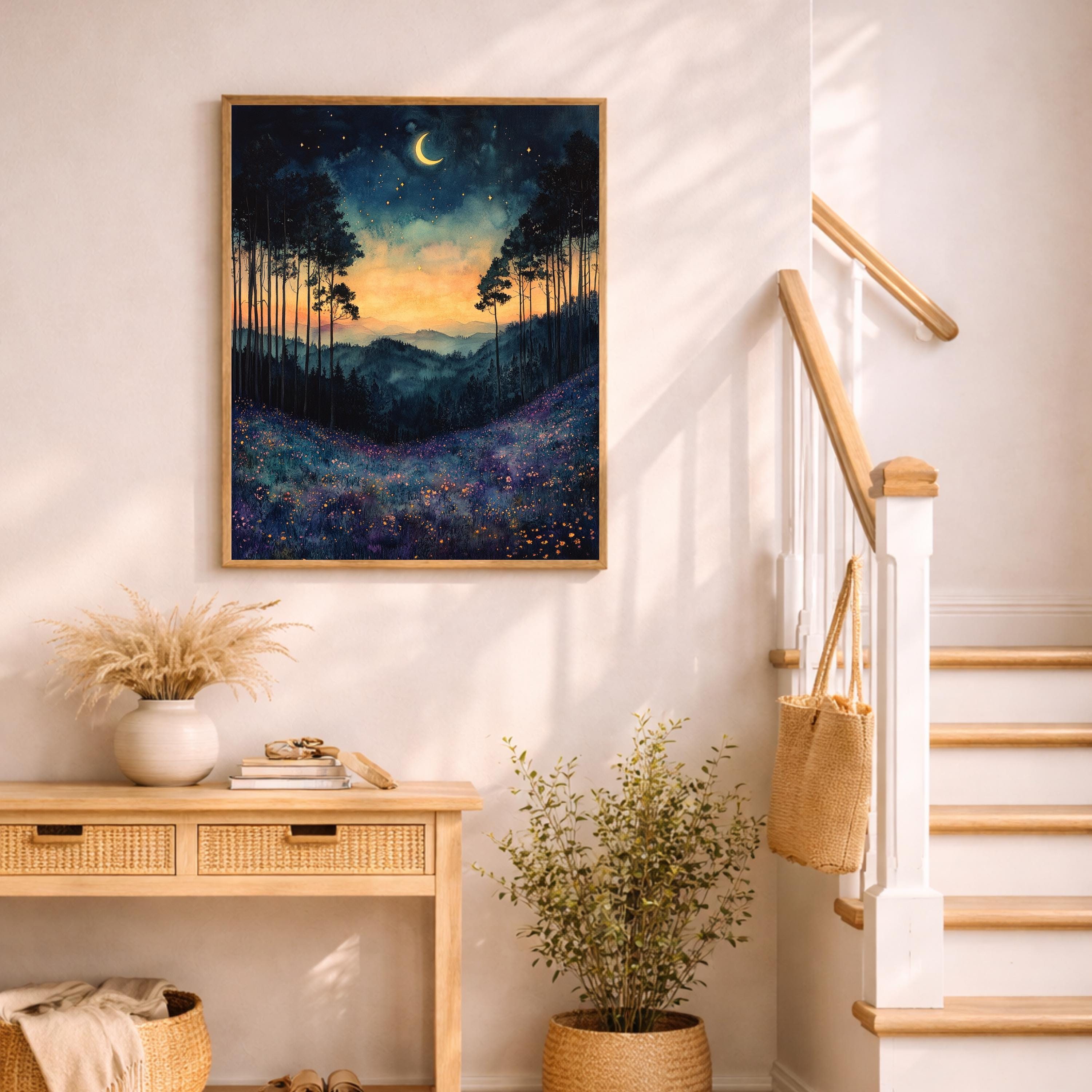 Twilight Meadow Wall Art, Moonlit Landscape Canvas, Dreamy Night Field Artwork, Starry Sky Nature Decor, Whimsical Print for Living Room