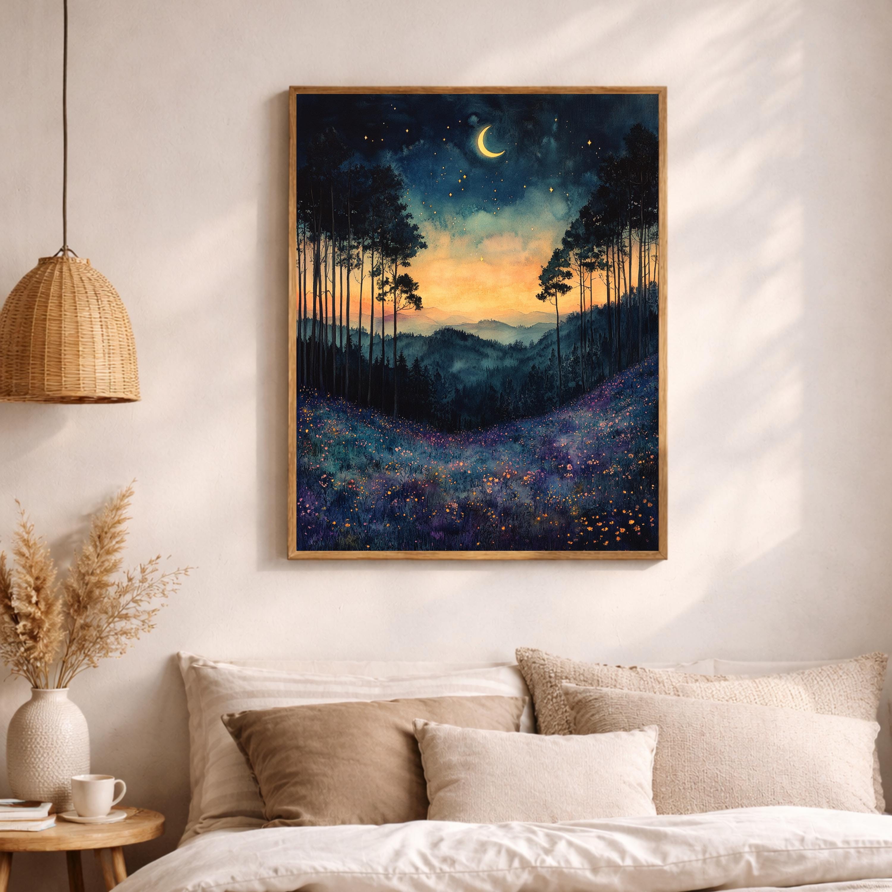 Twilight Meadow Wall Art, Moonlit Landscape Canvas, Dreamy Night Field Artwork, Starry Sky Nature Decor, Whimsical Print for Living Room