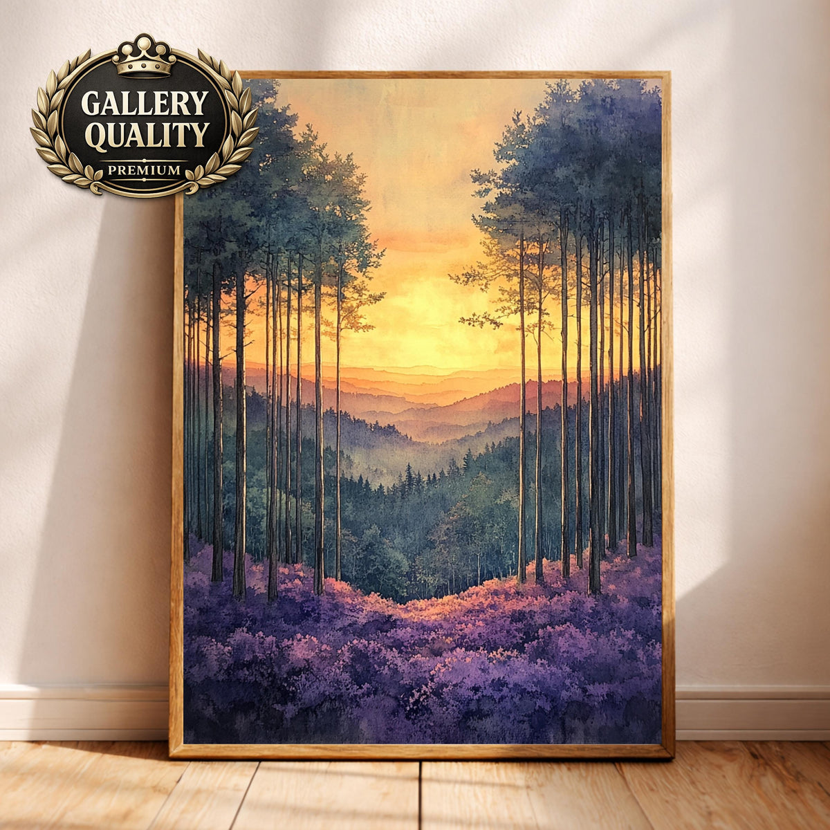 Sunset Forest Wall Art, Golden Sky Landscape Canvas, Mountain Valley Artwork, Warm Nature Decor, Scenic Woodland Print for Living Room