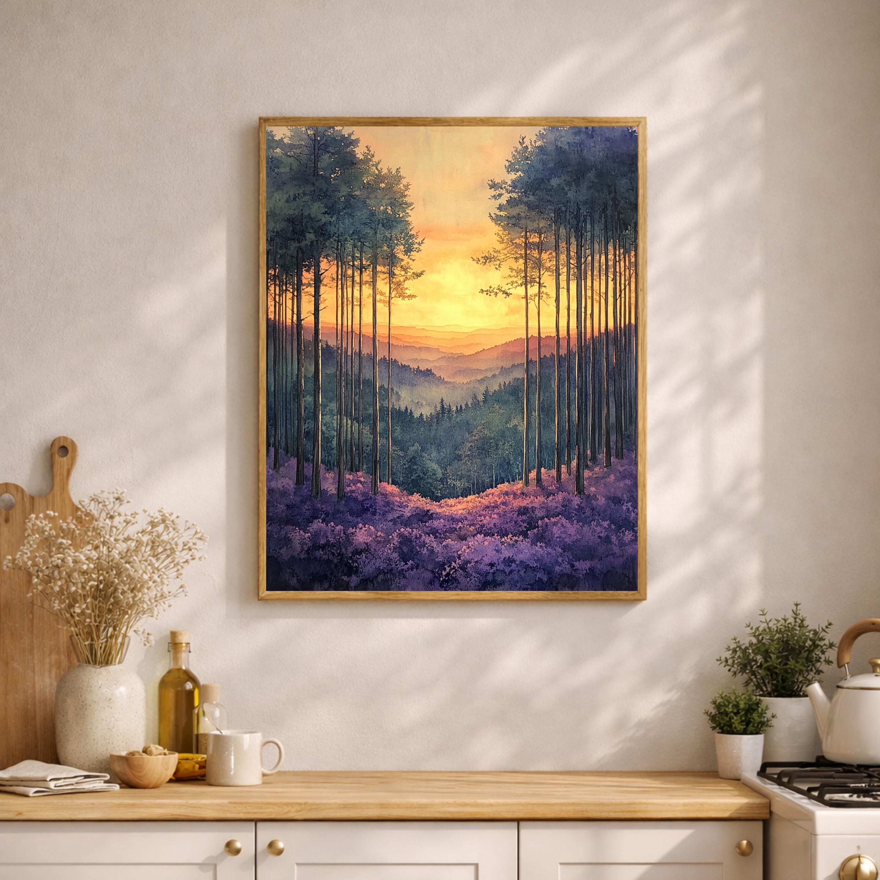 Sunset Forest Wall Art, Golden Sky Landscape Canvas, Mountain Valley Artwork, Warm Nature Decor, Scenic Woodland Print for Living Room