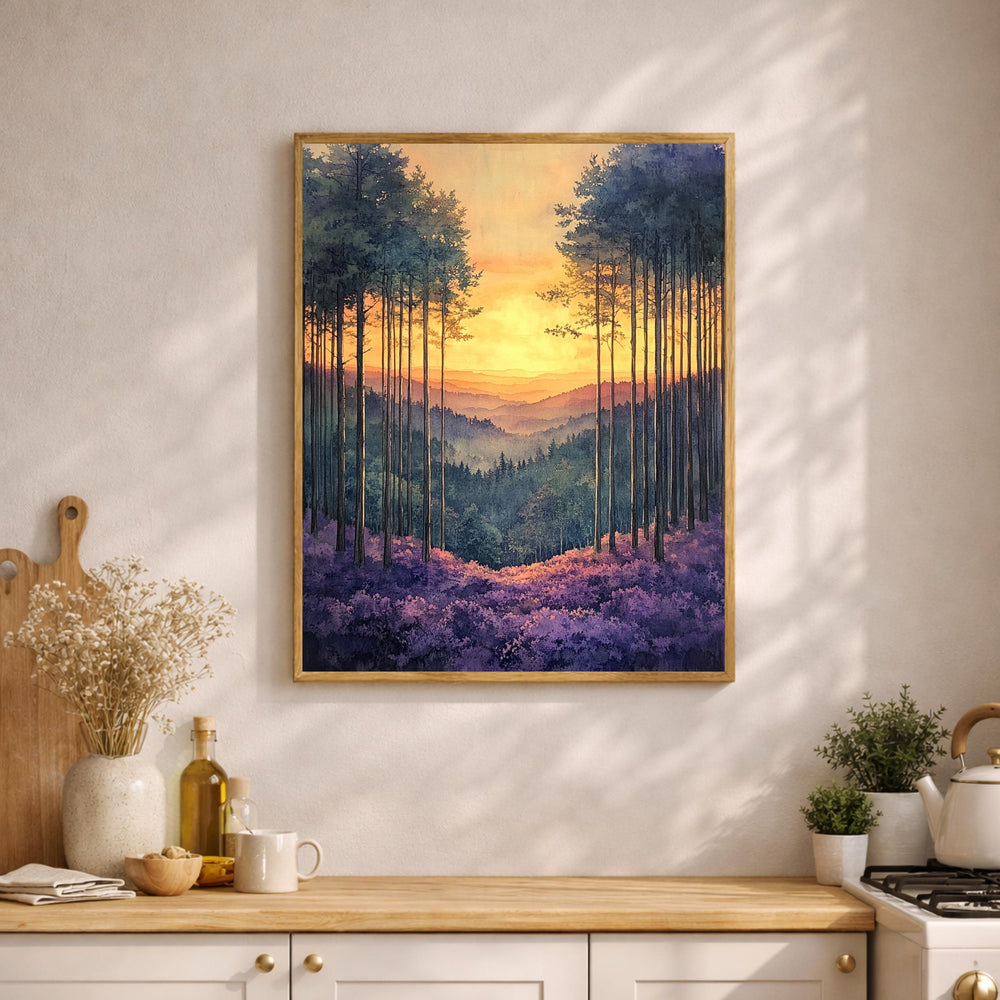 Sunset Forest Wall Art, Golden Sky Landscape Canvas, Mountain Valley Artwork, Warm Nature Decor, Scenic Woodland Print for Living Room
