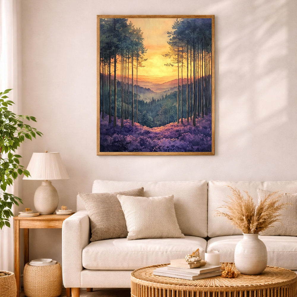 Sunset Forest Wall Art, Golden Sky Landscape Canvas, Mountain Valley Artwork, Warm Nature Decor, Scenic Woodland Print for Living Room
