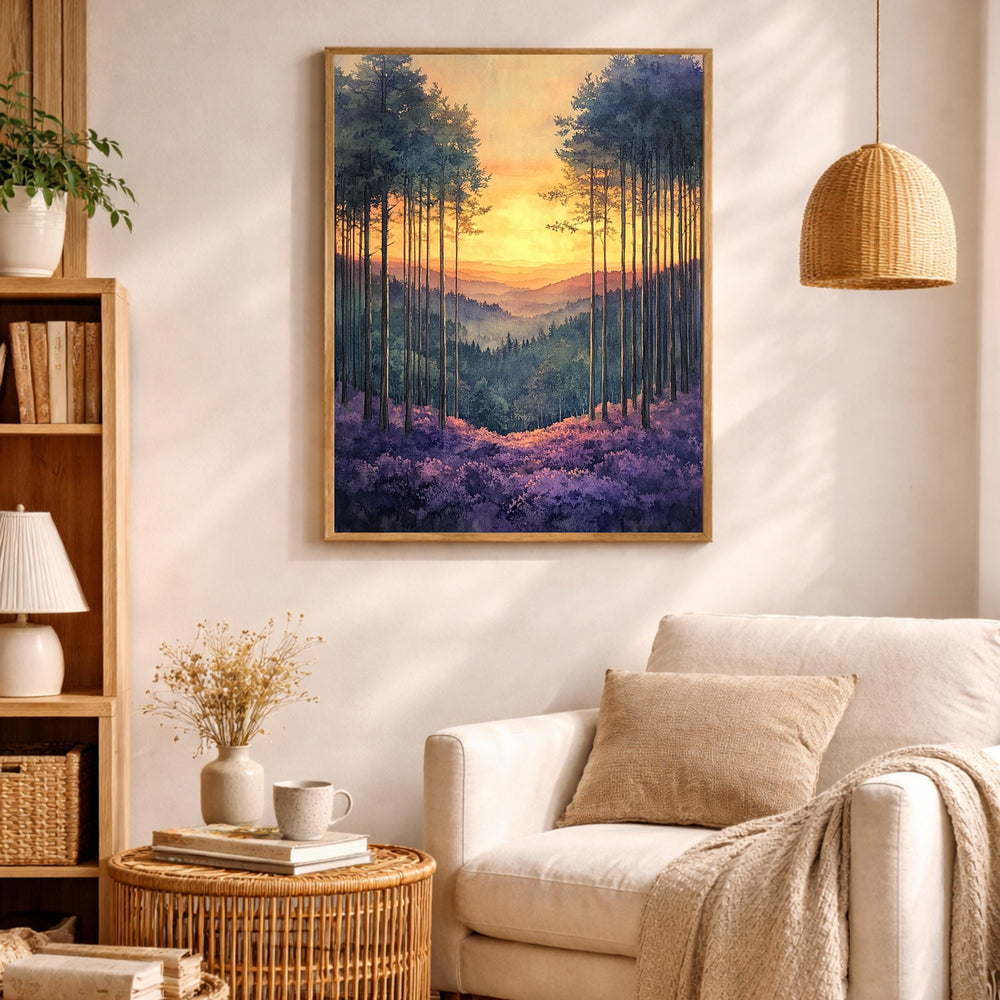 Sunset Forest Wall Art, Golden Sky Landscape Canvas, Mountain Valley Artwork, Warm Nature Decor, Scenic Woodland Print for Living Room
