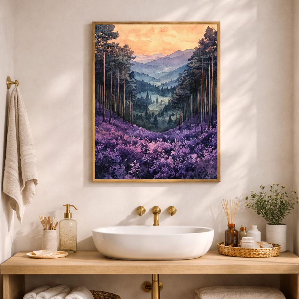 Purple Valley Wall Art, Lavender Mountain Landscape Print, Misty Forest Canvas, Dreamy Nature Artwork, Whimsical Woodland Decor for Bedroom