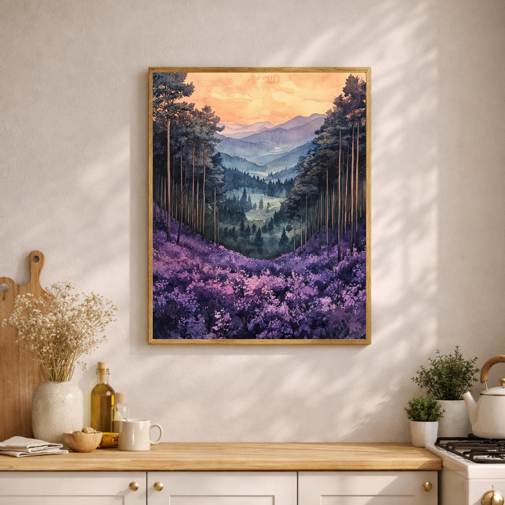 Purple Valley Wall Art, Lavender Mountain Landscape Print, Misty Forest Canvas, Dreamy Nature Artwork, Whimsical Woodland Decor for Bedroom