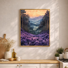 Purple Valley Wall Art, Lavender Mountain Landscape Print, Misty Forest Canvas, Dreamy Nature Artwork, Whimsical Woodland Decor for Bedroom