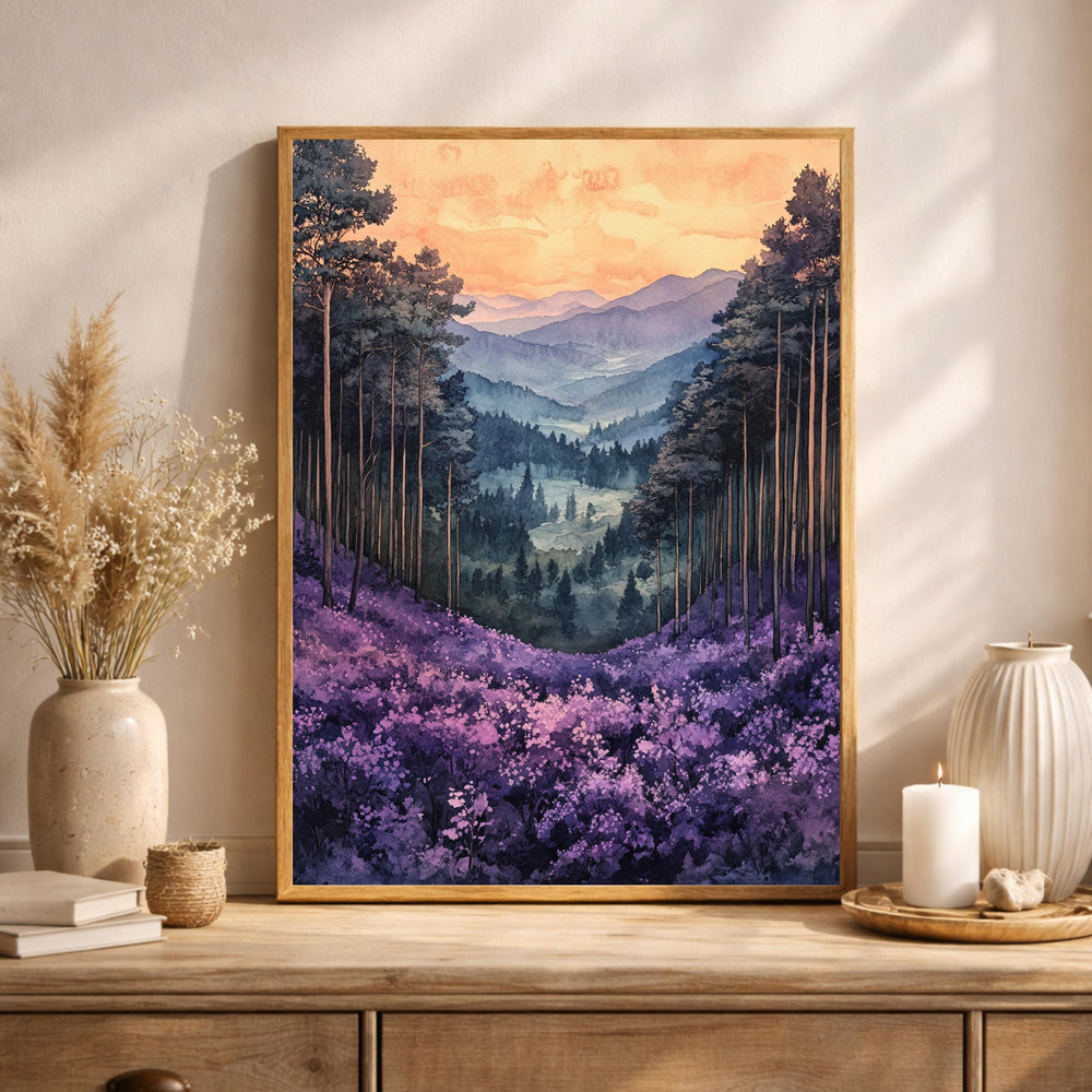 Purple Valley Wall Art, Lavender Mountain Landscape Print, Misty Forest Canvas, Dreamy Nature Artwork, Whimsical Woodland Decor for Bedroom