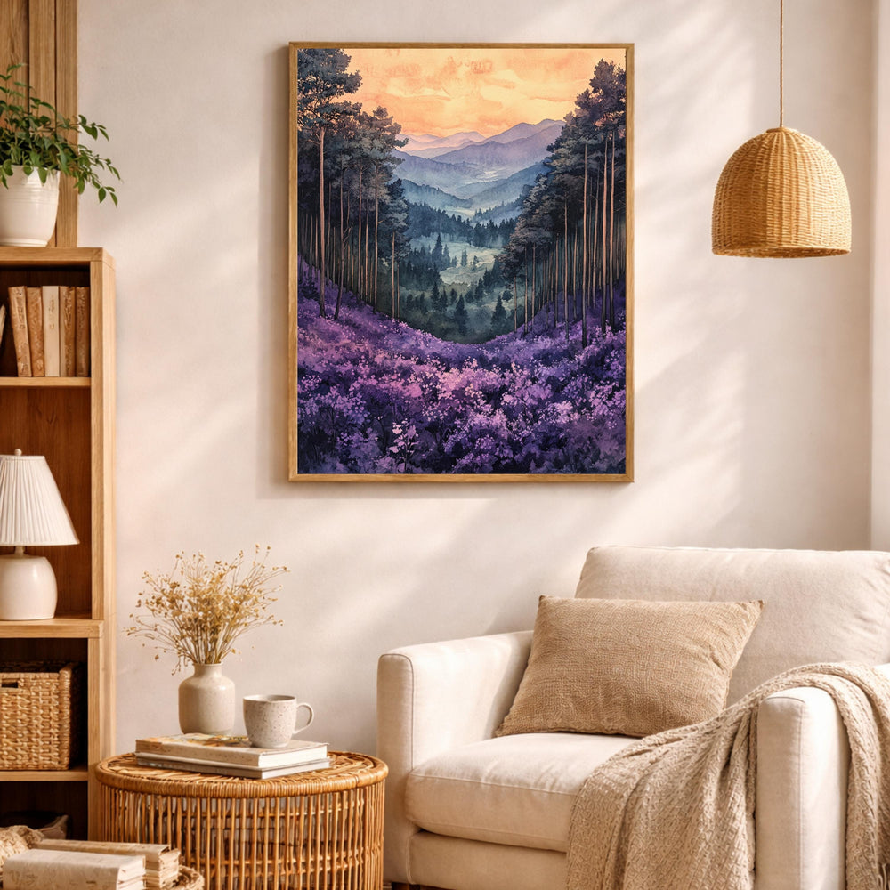 Purple Valley Wall Art, Lavender Mountain Landscape Print, Misty Forest Canvas, Dreamy Nature Artwork, Whimsical Woodland Decor for Bedroom