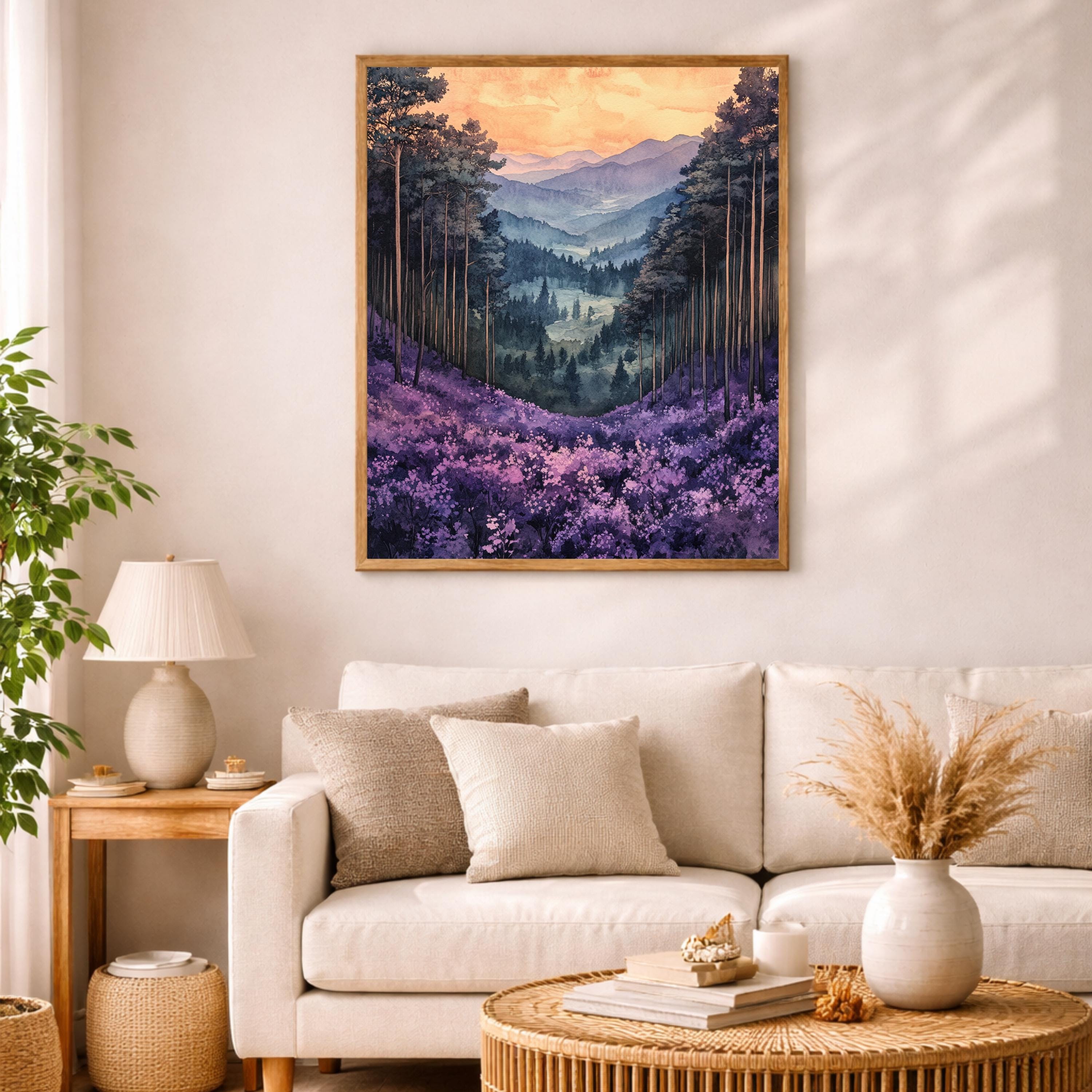 Purple Valley Wall Art, Lavender Mountain Landscape Print, Misty Forest Canvas, Dreamy Nature Artwork, Whimsical Woodland Decor for Bedroom