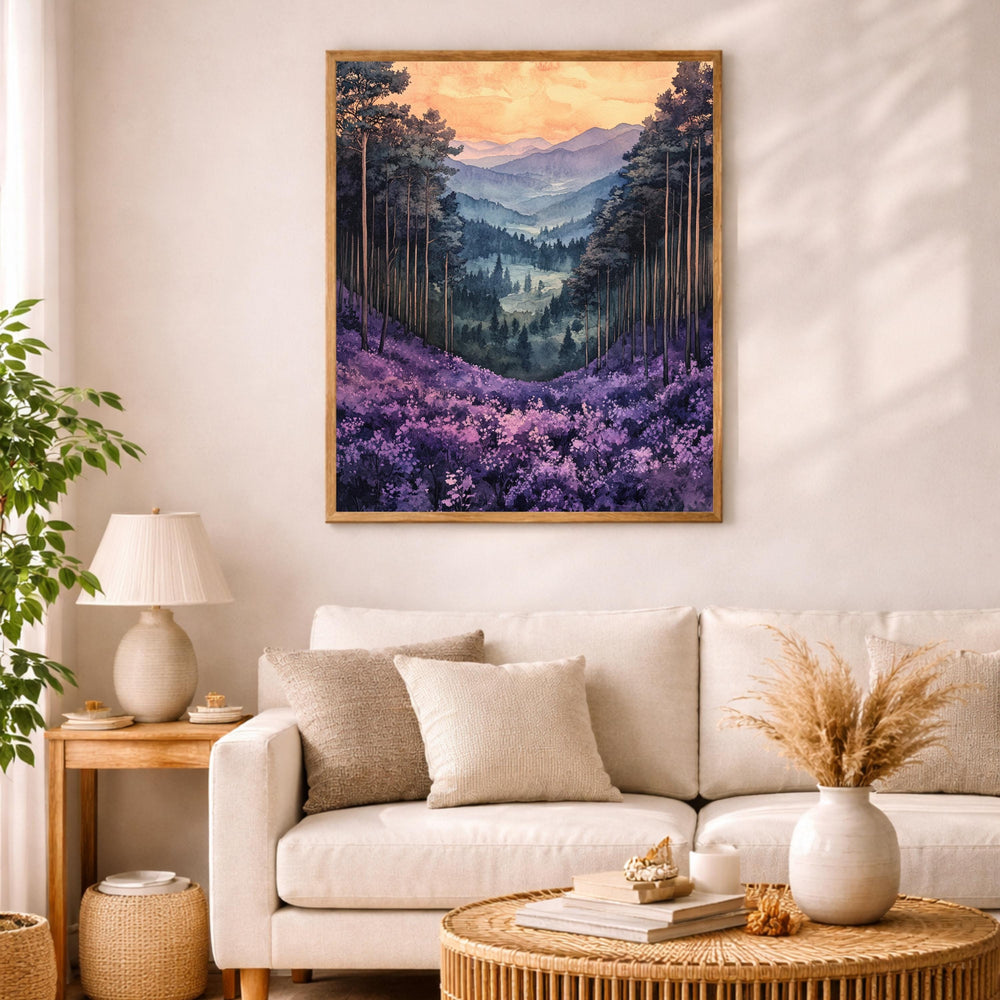 Purple Valley Wall Art, Lavender Mountain Landscape Print, Misty Forest Canvas, Dreamy Nature Artwork, Whimsical Woodland Decor for Bedroom